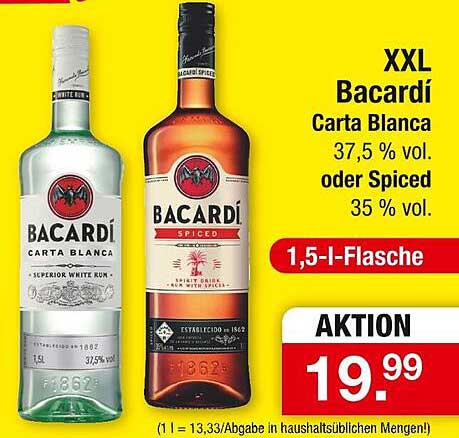XXL Bacardí Carta Blanca 1,5-Liter-Flasche oder Bacardí Spiced 1,5-Liter-Flasche