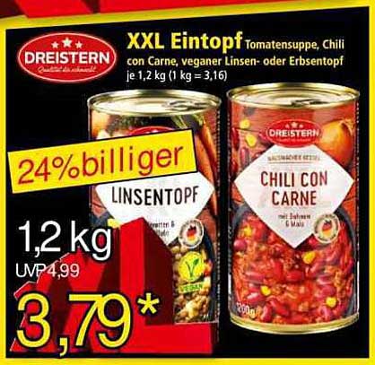 XXL Eintopf Tomatensuppe, Chili con Carne, veganer Linsen- oder Erbseneintopf