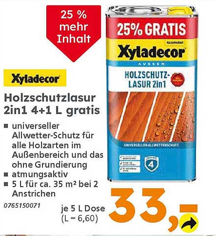 Xyladecor Holzschutzlasur 2in1 4+1 L gratis