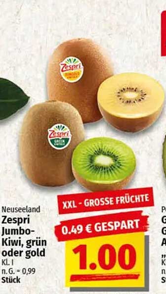 Zespri Jumbo-Kiwi, grün oder gold - nur 1,00 €