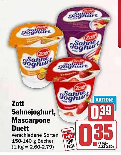Zott Sahnejoghurt, Mascarpone Duett, verschiedene Sorten 150-140 g Becher