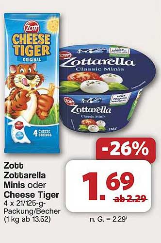 Zott Zottarella Minis oder Cheese Tiger 4 x 21/125-g-Packung/Becher