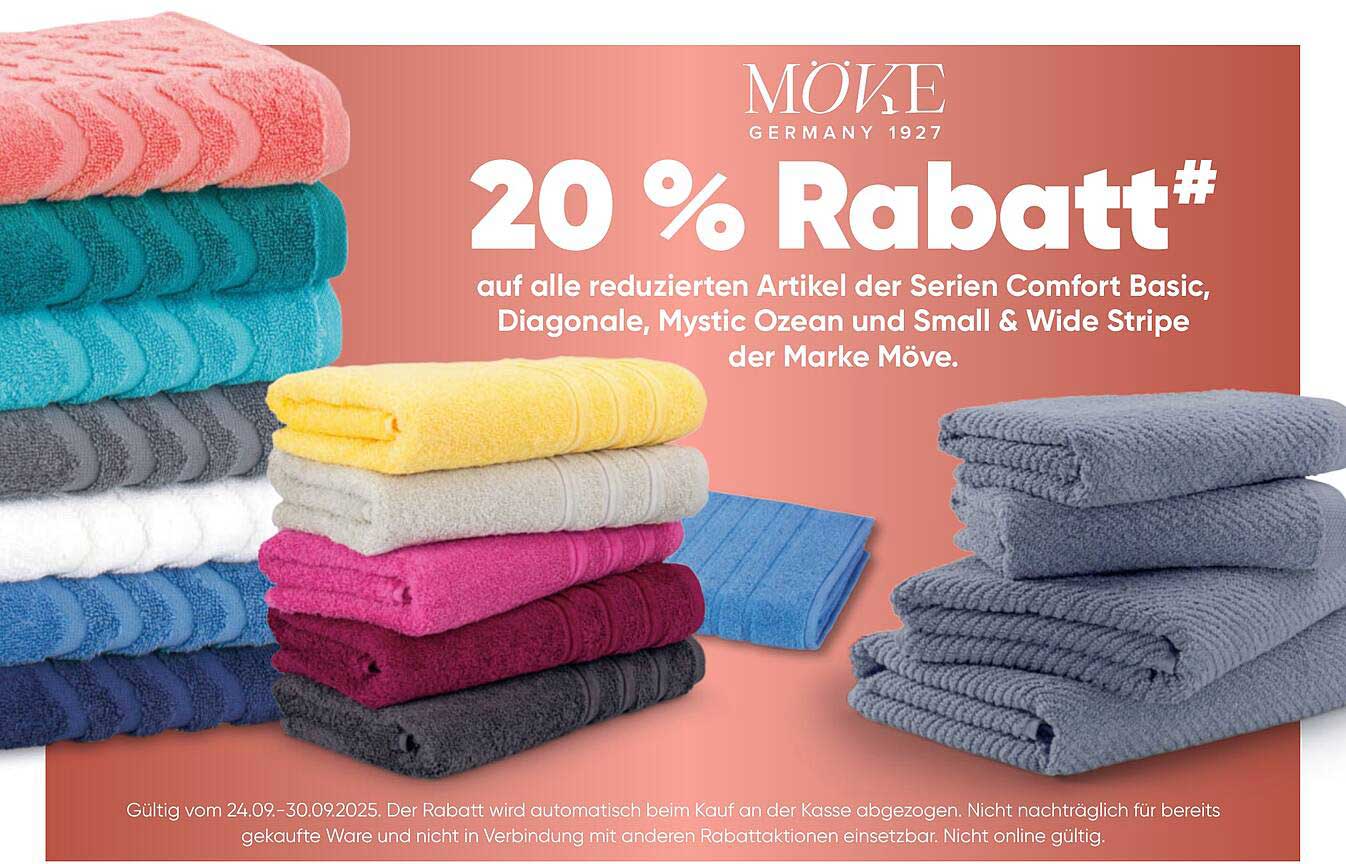 20 % Rabatt auf alle reduzierten Artikel der Serien Comfort Basic, Diagonale, Mystic Ozean und Small & Wide Stripe der Marke Möve