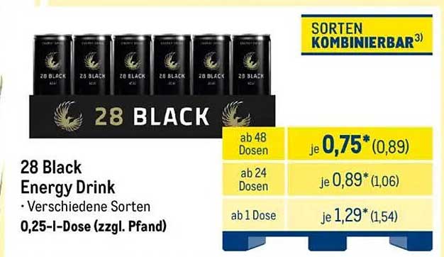 28 Black Energy Drink - Verschiedene Sorten 0,25-I-Dose