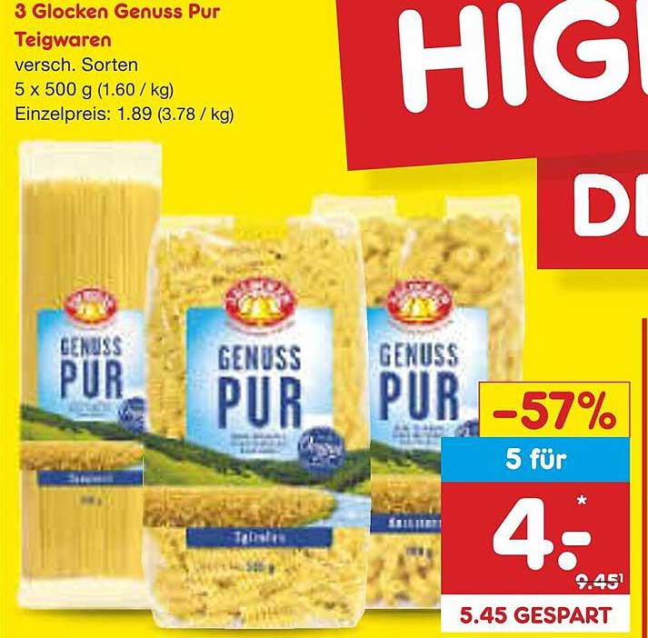 3 Glocken Genuss Pur Teigwaren - 5 x 500 g für nur 4,00 €!