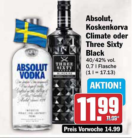 Absolut, Koskenkorva Climate oder Three Sixty Black 0,7 l Flasche