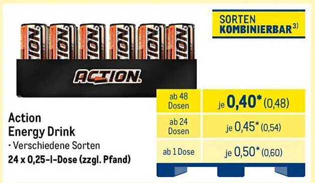 Action Energy Drink 24 x 0,25-l-Dosen - Verschiedene Sorten