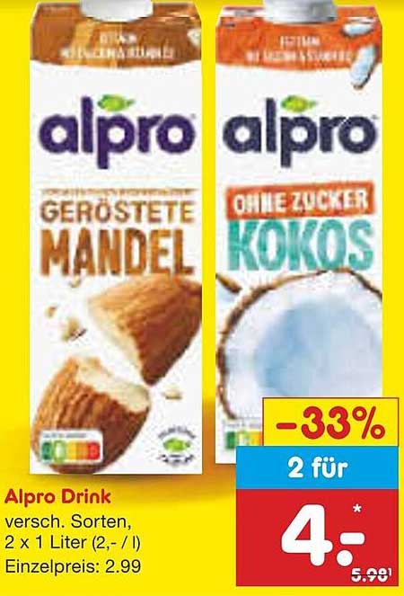 Alpro Drink - Geröstete Mandel & Ohne Zucker Kokos, 2 x 1 Liter