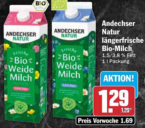 Andechser Natur längerfrische Bio-Milch 1,5/3,8 % Fett 1 l