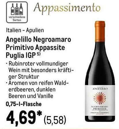 Angelillo Negroamaro Primitivo Appassite Puglia IGP 0,75 l-Flasche