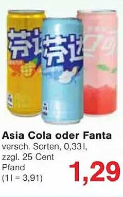 Asia Cola oder Fanta, verschiedene Sorten, 0,33l