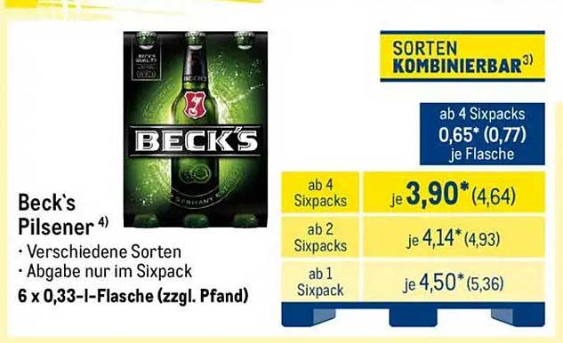Beck's Pilsener 6 x 0,33 l Flasche (zzgl. Pfand)