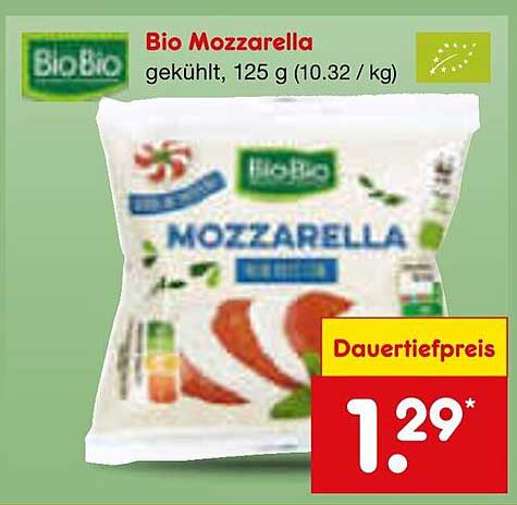 Bio Mozzarella, gekühlt, 125 g (10.32 €/kg)