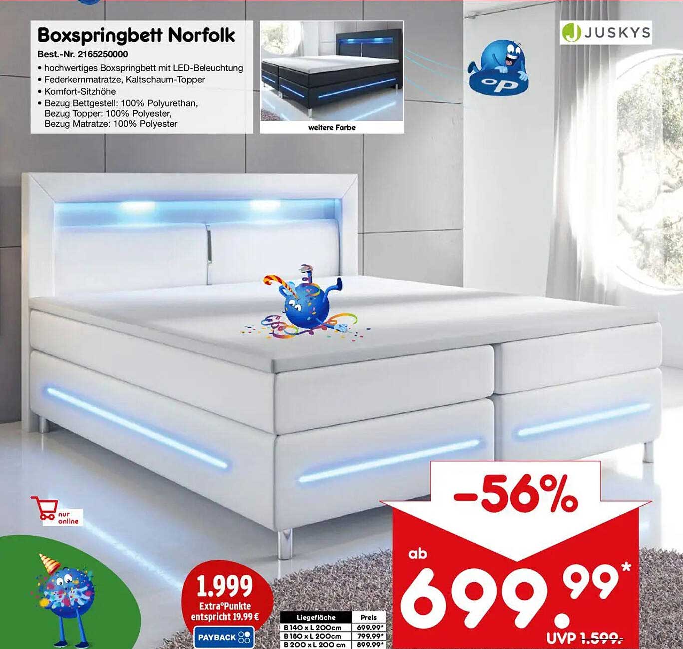 Boxspringbett Norfolk - Hochwertiger Schlafkomfort mit LED-Beleuchtung