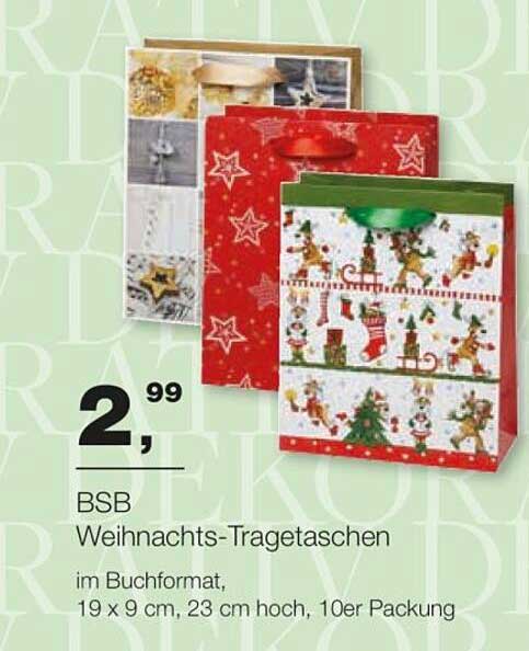 BSB Weihnachts-Tragetaschen im Buchformat, 19 x 9 cm, 23 cm hoch, 10er Packung