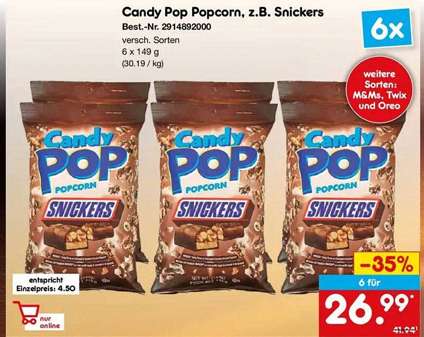 Candy Pop Popcorn, z.B. Snickers
