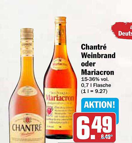 Chantré Weinbrand oder Mariacron 0,7 l