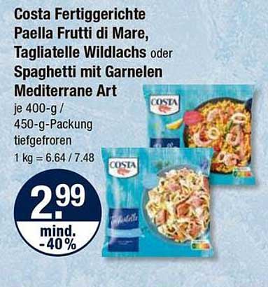Costa Fertiggerichte: Paella Frutti di Mare, Tagliatelle Wildlachs oder Spaghetti mit Garnelen Mediterrane Art