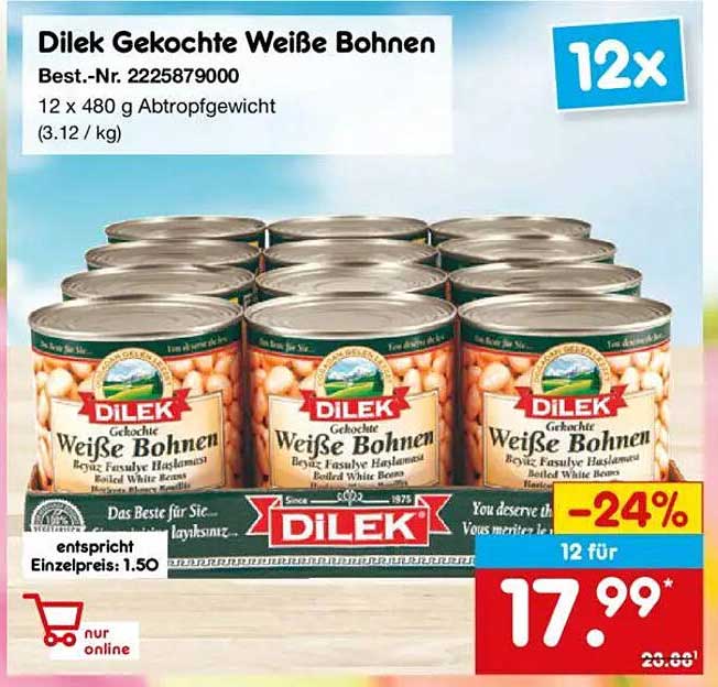 Dilek Gekochte Weiße Bohnen 12 x 480 g