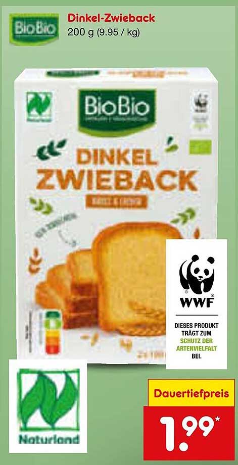 Dinkel-Zwieback 200 g für nur 1,99 €