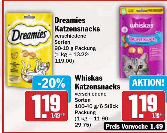 Dreamies Katzen Snacks und Whiskas Katzen Snacks