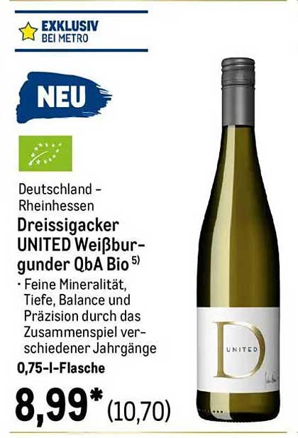 Dreissigacker UNITED Weißburgunder QbA Bio 0,75 l Flasche