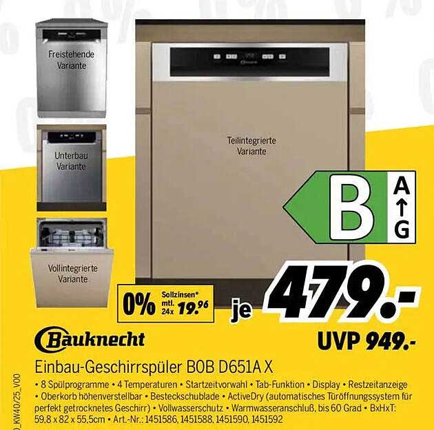 Einbau-Geschirrspüler BOB D651A X von Bauknecht