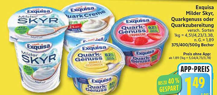 Exquisa Milder Skyr, Quarkgenuss oder Quarkzubereitung 375/400/500g Becher