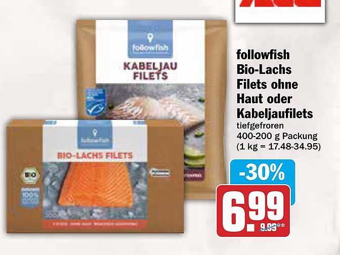 followfish Bio-Lachs Filets ohne Haut oder Kabeljaufilets tiefgefroren