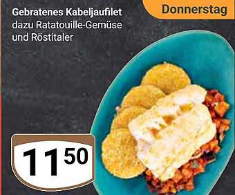 Gebratenes Kabeljaufilet dazu Ratatouille-Gemüse und Röstitaler