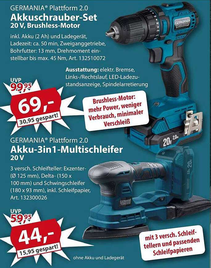 GERMANIA® Plattform 2.0 Akkuschrauber-Set 20 V, Brushless-Motor