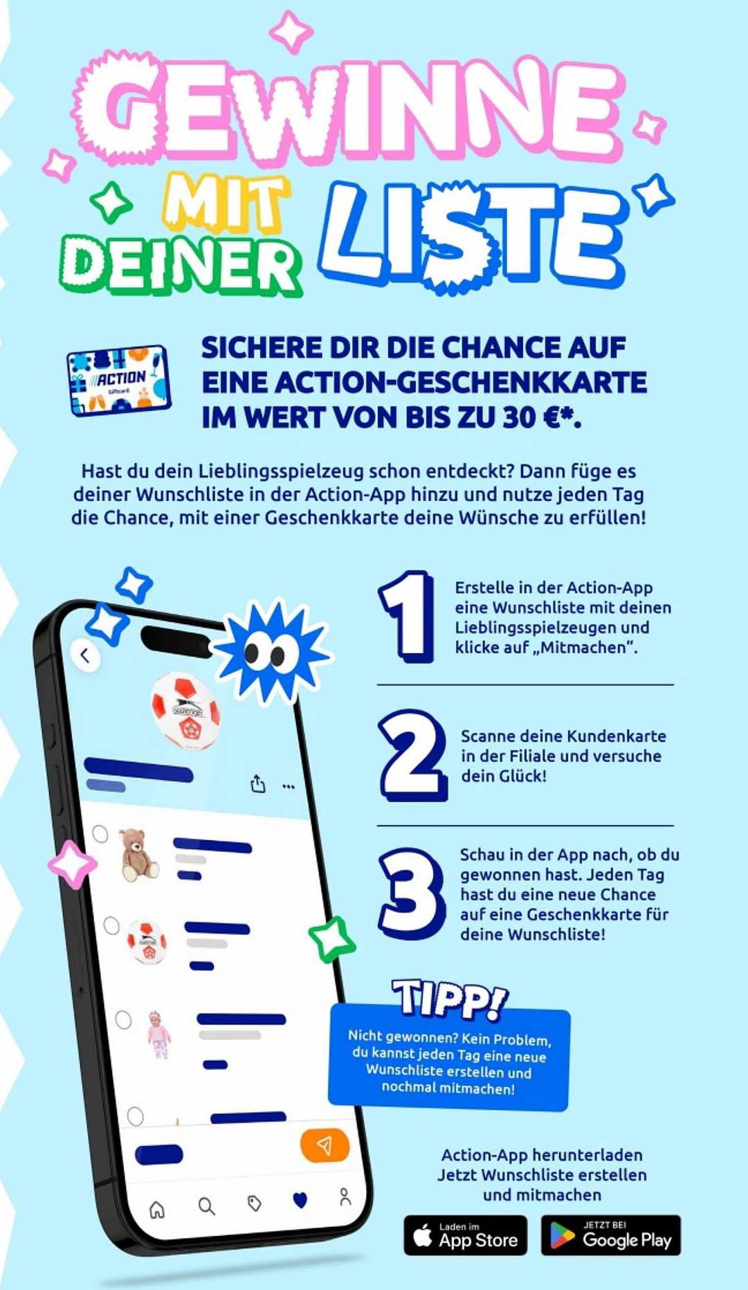 Gewinne mit deiner Liste - Action-Geschenkkarte im Wert von bis zu 30 €