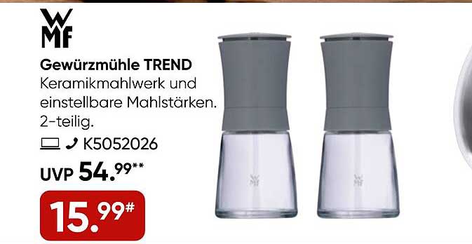 Gewürzmühle TREND Keramikmahlwerk und einstellbare Mahlstärken. 2-teilig.