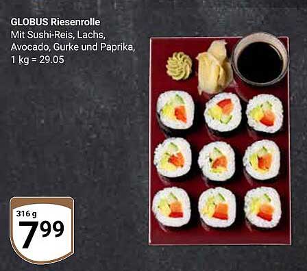 GLOBUS Riesenrolle mit Sushi-Reis, Lachs, Avocado, Gurke und Paprika