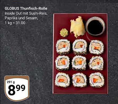 GLOBUS Thunfisch-Rolle Inside Out mit Sushi-Reis, Paprika und Sesam