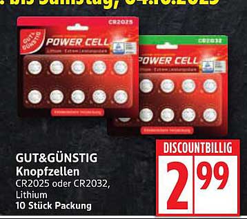 GUT&GÜNSTIG Knopfzellen CR2025 oder CR2032, Lithium, 10 Stück Packung
