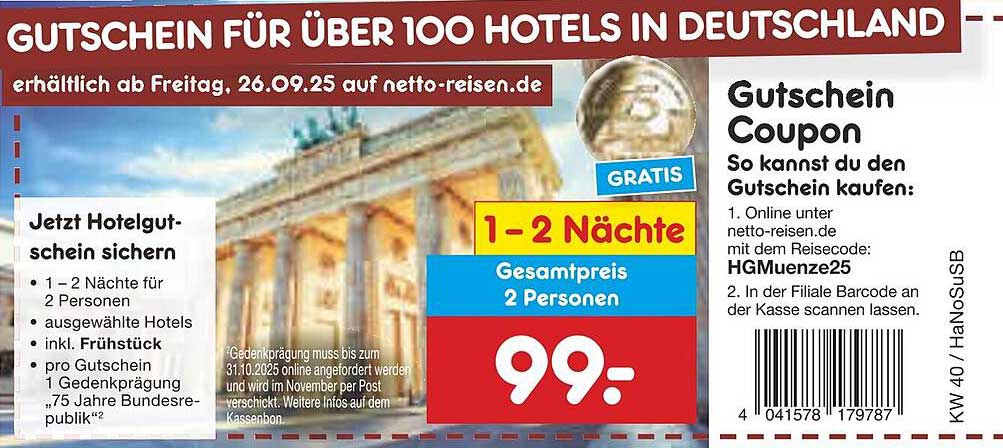 Gutschein für 1-2 Nächte in über 100 Hotels in Deutschland