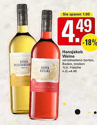 Hansjakob Weine - verschiedene Sorten, Baden, trocken 1L. Flasche