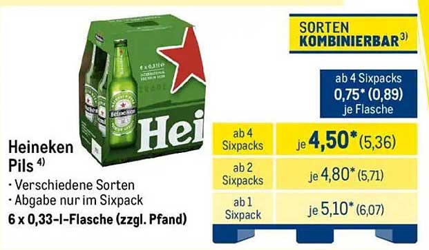 Heineken Pils 6 x 0,33 l - ab 4 Sixpacks nur 4,50 €