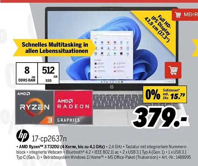 HP Laptop 17-cp2637n mit AMD Ryzen 3 und 512 GB SSD