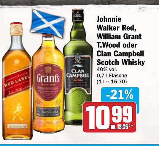 Johnnie Walker Red, William Grant T. Wood oder Clan Campbell Scotch Whisky 0,7 l Flasche