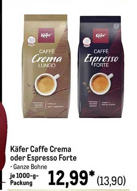 Käfer Caffe Crema oder Espresso Forte – Ganze Bohne je 1000-g-Packung