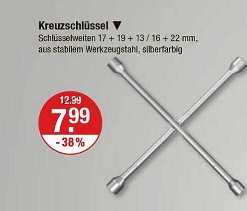 Kreuzschlüssel - Schlüsselweiten 17 + 19 + 13 / 16 + 22 mm, aus stabilem Werkzeugstahl, silberfarbig