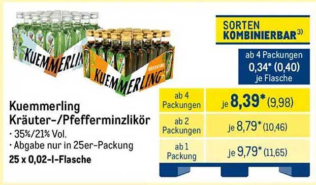 Kuemmerling Kräuter-/Pfefferminzlikör 25 x 0,02-l-Flasche