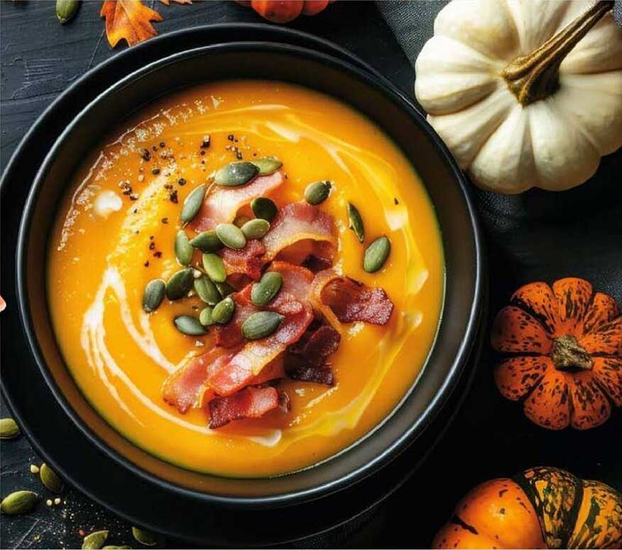 Kürbiscremesuppe mit Speck und Kürbiskernen