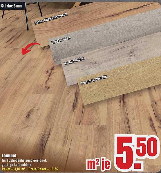 Laminat für Fußbodenheizung geeignet, geringe Aufbauhöhe