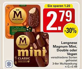 Langnese Magnum Mini, Double oder Vegan - verschiedene Sorten gefrostet 3-6er Multipackung