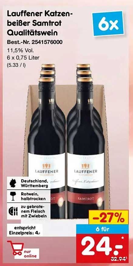 Lauffen Katzenbeißer Samtrot Qualitätswein 6 Flaschen