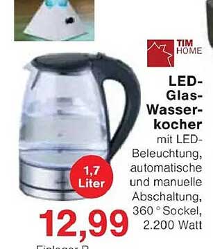 LED-Glas-Wasserkocher mit LED-Beleuchtung, automatischer und manueller Abschaltung, 360° Sockel, 2.200 Watt