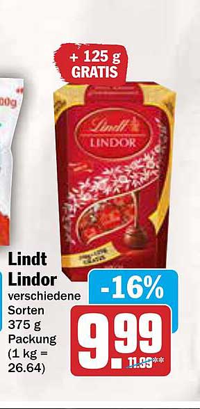 Lindt Lindor verschiedene Sorten 375 g Packung (+ 125 g GRATIS)